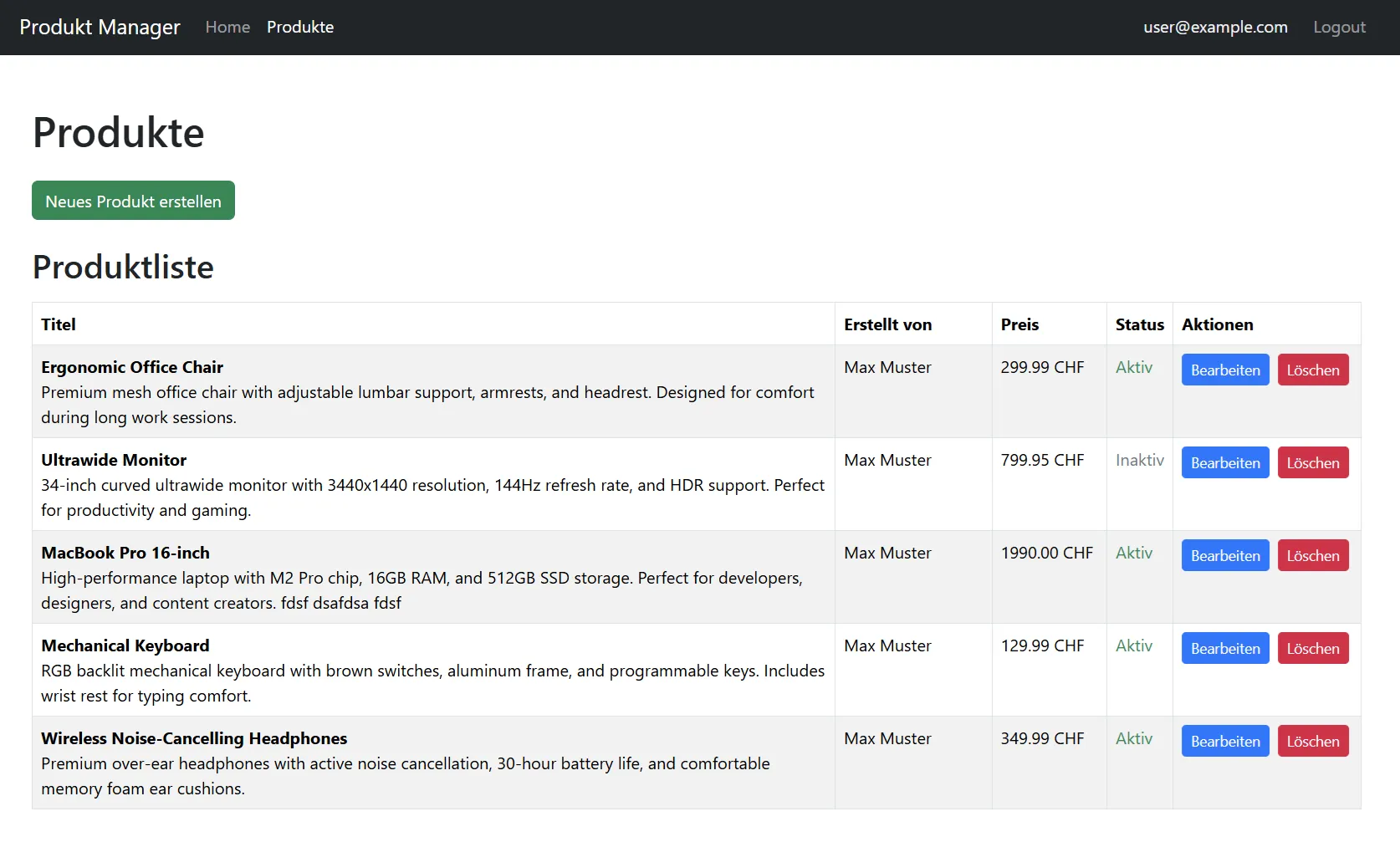 Screenshot Demo-Applikation "Produktverwaltung